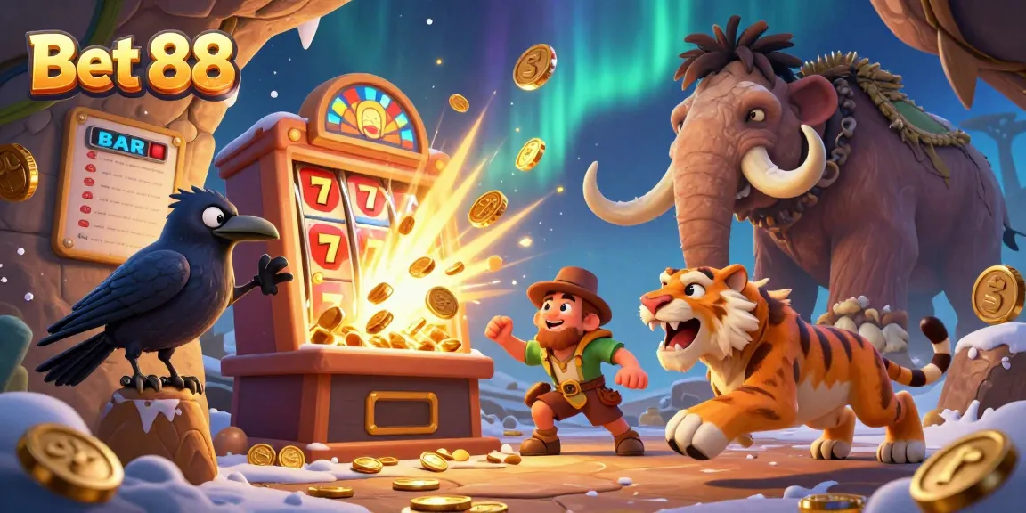 Bet 88 features a lively casino scene with a cartoon caveman and sabertooth tiger amid a jackpot explosion of coins and gaming elements.