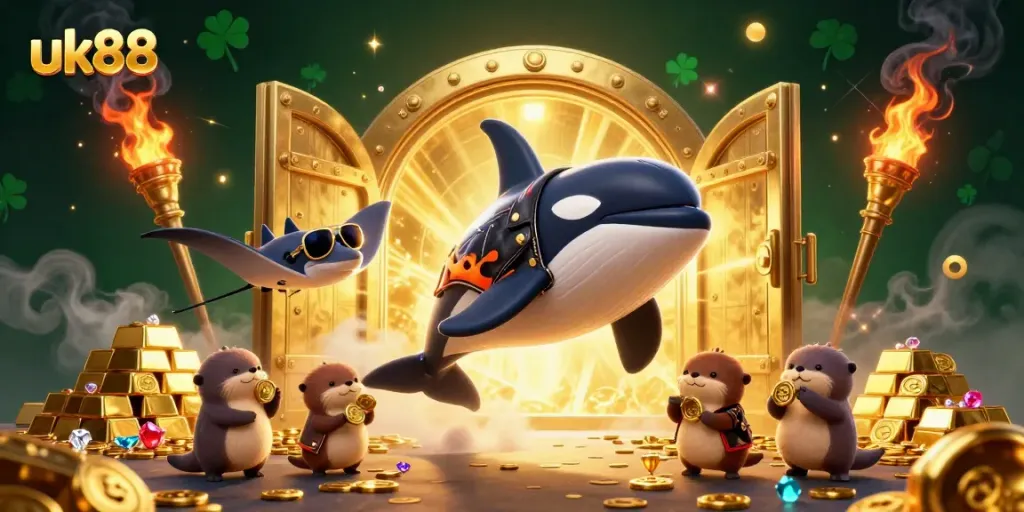 Experience excitement with uk88 in a vibrant 3D scene featuring an orca, stingray, and otters with treasure.
