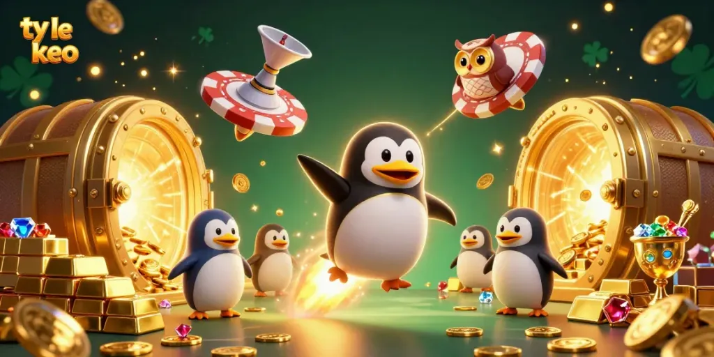 Experience the thrill of ty le keo with a golden penguin charging towards a poker chip casino, surrounded by treasure.