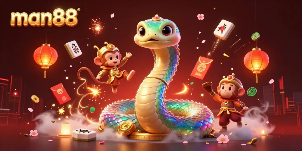 Experience the thrill with man88 showcasing a vibrant 3D casino scene featuring a colorful rainbow serpent and monkey king.