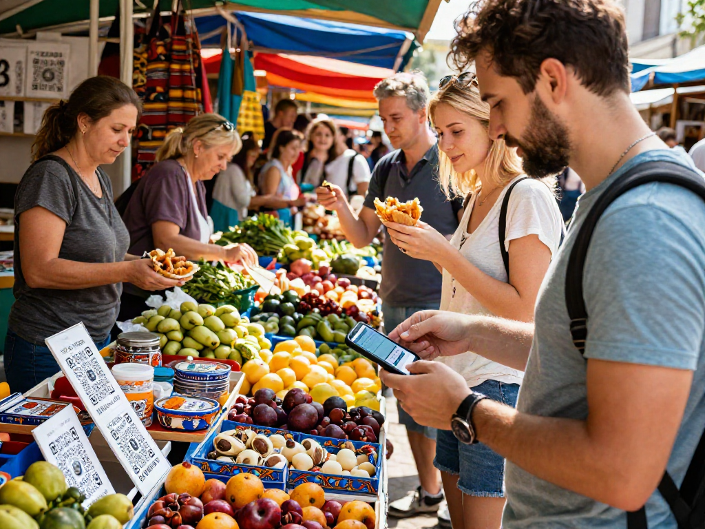 https://payinrussia.com/ ile Rus pazarında mobil uygulama ile ödeme yapan turist, renkli tezgahlar arasında.