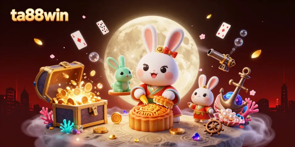 Win big with ta88win as the moon rabbit reveals poker chips in a vibrant casino scene.