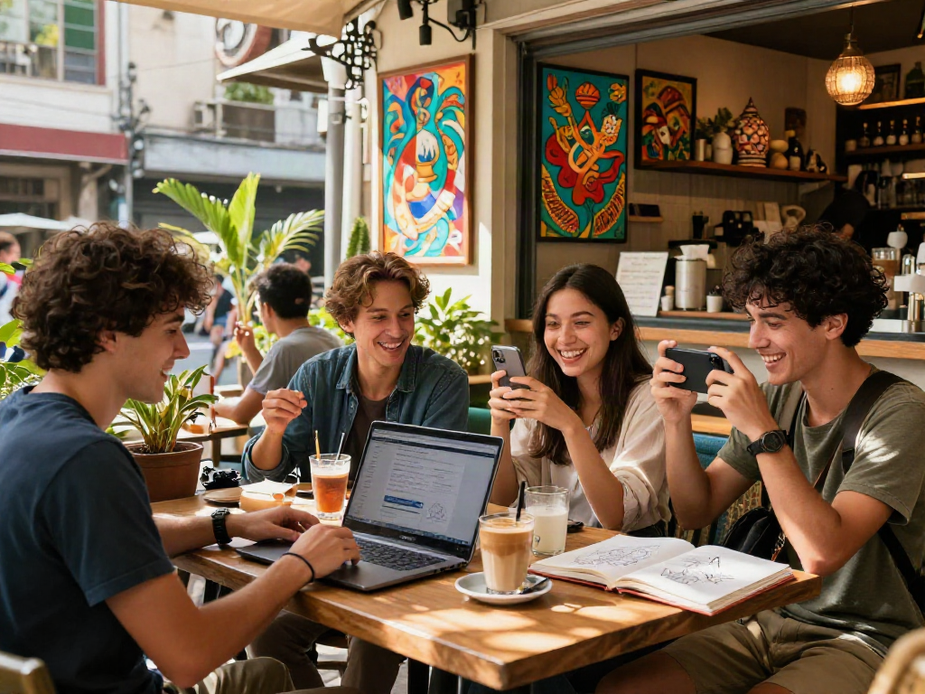 Group of travelers enjoying time at a café while exploring rokok88 experiences.