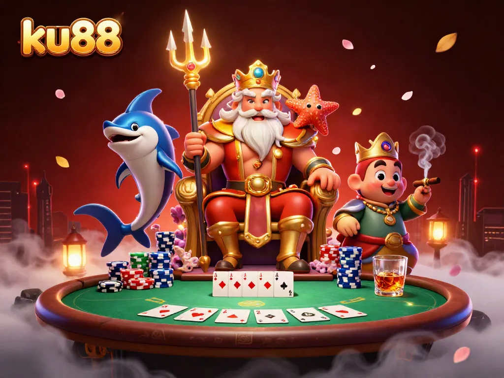 Experience thrilling poker action at ku88 with a cartoon king and vibrant game elements.