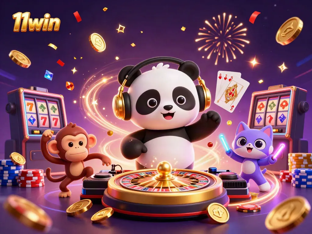 Experience thrilling games at 11win with vibrant characters celebrating on a busy casino floor.