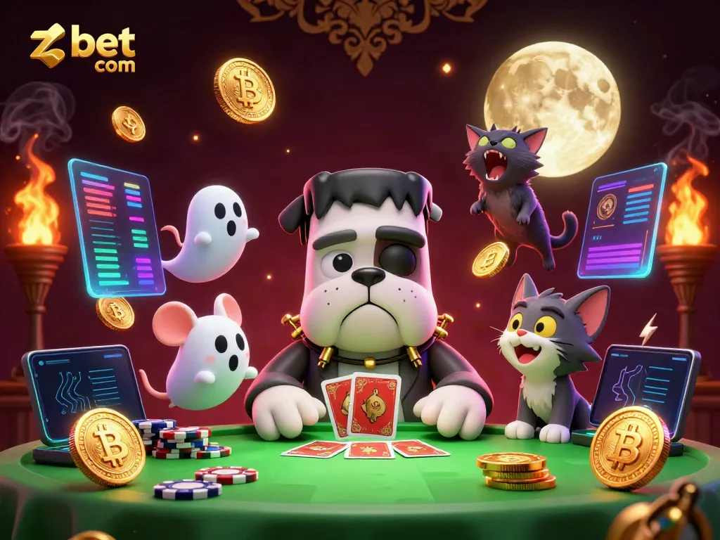 Experience the excitement of zbet com with a unique 3D casino scene featuring cartoon monsters and cryptocurrency elements.