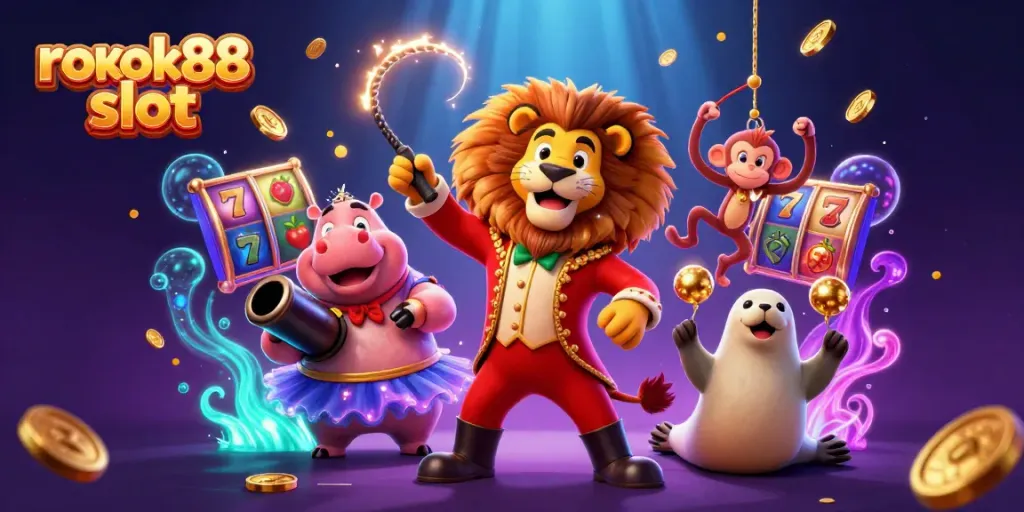 Engage with the rokok88 slot scene featuring a dynamic 3D illustration of a circus lion, hippo, monkey, and seal amid colorful slot symbols.