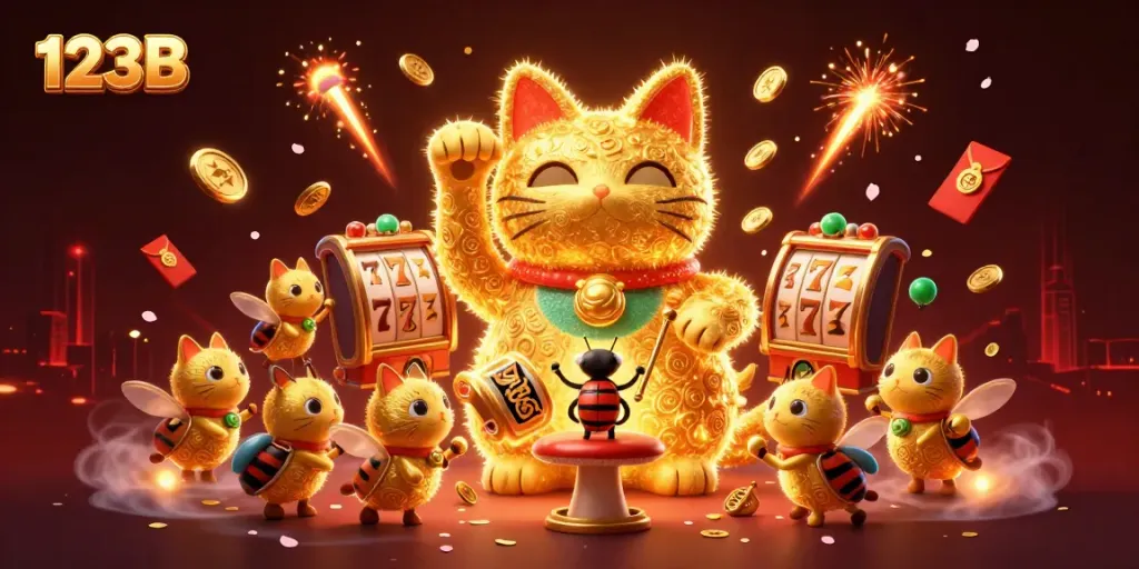 Experience thrilling slots with 123B's lucky cat and dazzling casino elements interacting dynamically.