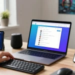 Using the Telegram web version on a sleek laptop in a modern workspace